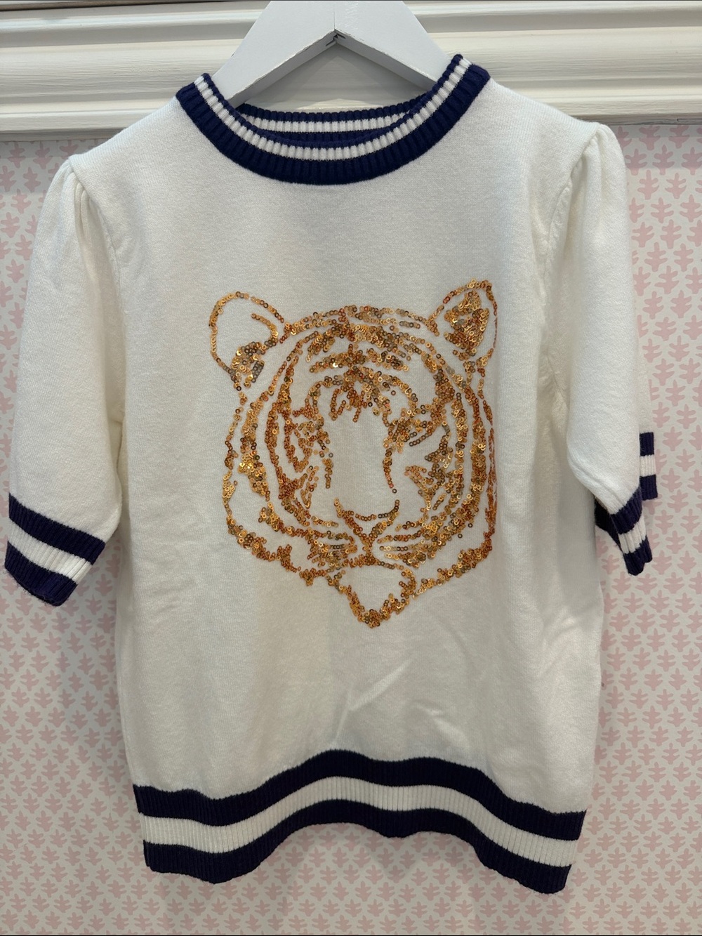 Kids Sequin Tiger Short-Sleeve Knit Top - White with Purple Trim